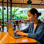 Digital Nomad at Work in Cafe**

"A fully clothed digital nomad, appropriate attire, working on a laptop at a cozy café in Bali. The cafe has vibrant decor and natural light. The nomad is wearing modest, comfortable clothing. Safe for work, professional, perfect anatomy, natural proportions, high-resolution photography, appropriate content."

**