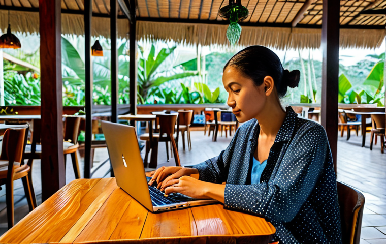 Digital Nomad at Work in Cafe**
"A fully clothed digital nomad, appropriate attire, working on a laptop at a cozy café in Bali. The cafe has vibrant decor and natural light. The nomad is wearing modest, comfortable clothing. Safe for work, professional, perfect anatomy, natural proportions, high-resolution photography, appropriate content."
**