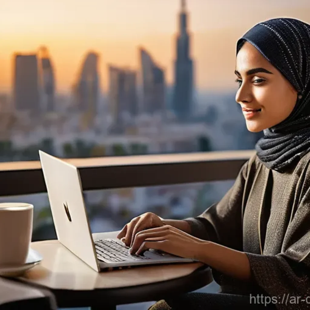 디지털 노마드의 업무 환경 변화에 적응하기 - **Prompt:** A digital nomad, a young woman of Arab descent, seated comfortably in a modern, sunlit c...