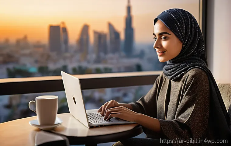 디지털 노마드의 업무 환경 변화에 적응하기 - **Prompt:** A digital nomad, a young woman of Arab descent, seated comfortably in a modern, sunlit c...