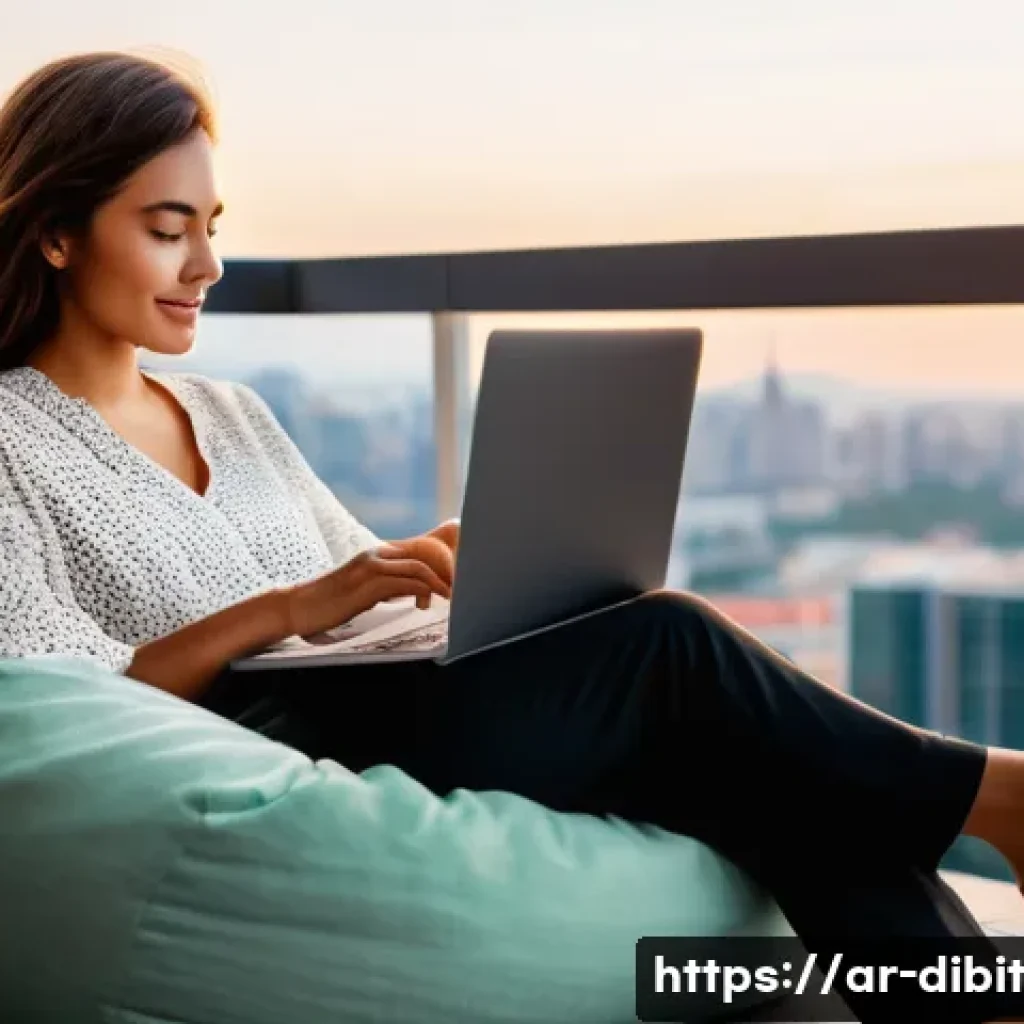 디지털 노마드를 위한 철저한 여행 준비 방법 - A vibrant, sunlit image of a young female digital nomad, around 28 years old, sitting comfortably on...