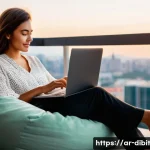 Home 20 디지털 노마드를 위한 철저한 여행 준비 방법 - A vibrant, sunlit image of a young female digital nomad, around 28 years old, sitting comfortably on...