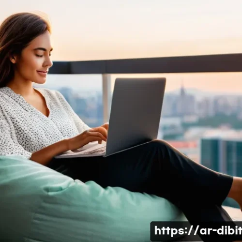 Home 32 디지털 노마드를 위한 철저한 여행 준비 방법 - A vibrant, sunlit image of a young female digital nomad, around 28 years old, sitting comfortably on...