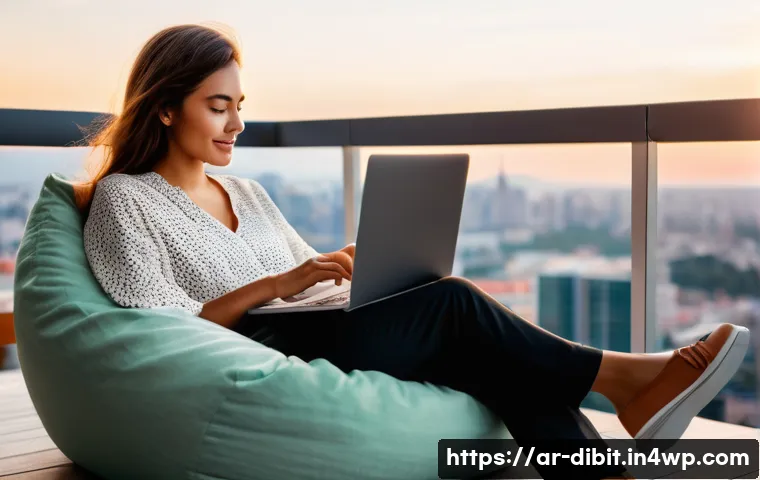디지털 노마드를 위한 철저한 여행 준비 방법 - A vibrant, sunlit image of a young female digital nomad, around 28 years old, sitting comfortably on...