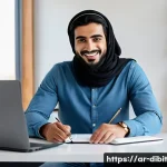 Home 19 디지털 노마드를 위한 온라인 프로필 관리 방법 - A professional Arab digital nomad in a modern home office setting, wearing smart casual attire with ...