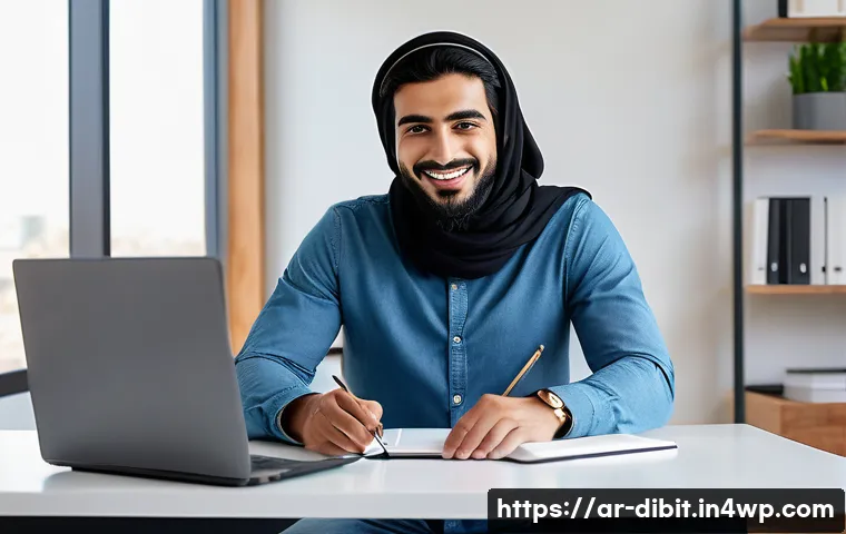 디지털 노마드를 위한 온라인 프로필 관리 방법 - A professional Arab digital nomad in a modern home office setting, wearing smart casual attire with ...