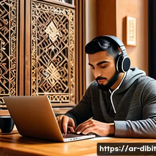 Home 30 디지털 노마드를 위한 자율적인 생활 관리 - A focused digital nomad working in a serene, cozy café in an Arabic city, surrounded by traditional ...