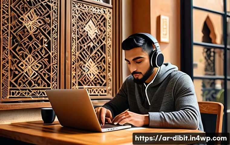 디지털 노마드를 위한 자율적인 생활 관리 - A focused digital nomad working in a serene, cozy café in an Arabic city, surrounded by traditional ...