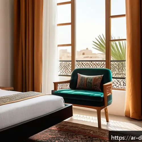 Home 17 디지털 노마드의 일과 삶의 균형 맞추기 - A serene digital nomad workspace inside a cozy hotel room in a Middle Eastern city, featuring a comf...