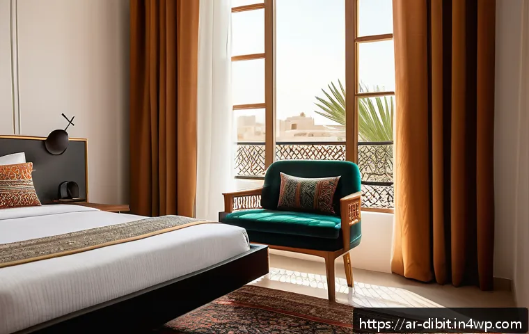 디지털 노마드의 일과 삶의 균형 맞추기 - A serene digital nomad workspace inside a cozy hotel room in a Middle Eastern city, featuring a comf...